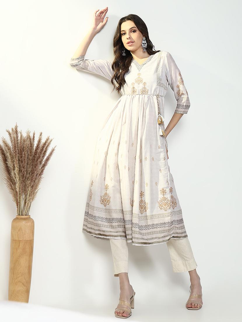 women off white printed three quarter sleeve anarkali kurta - 21632746 - Standard Image - 1