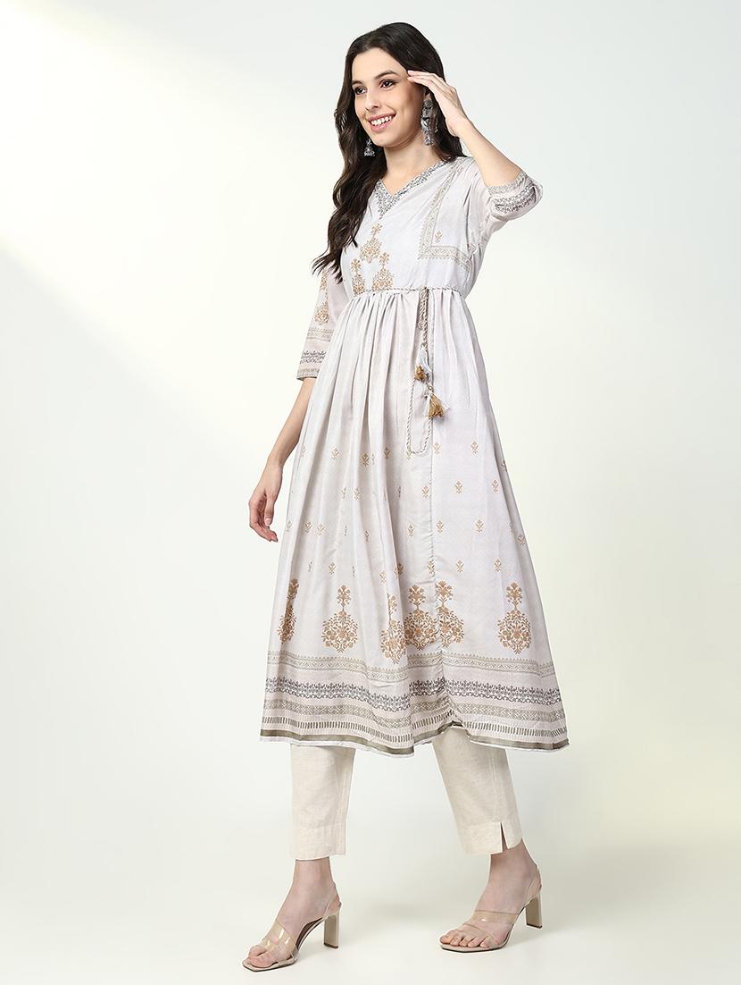 women off white printed three quarter sleeve anarkali kurta - 21632746 - Standard Image - 4