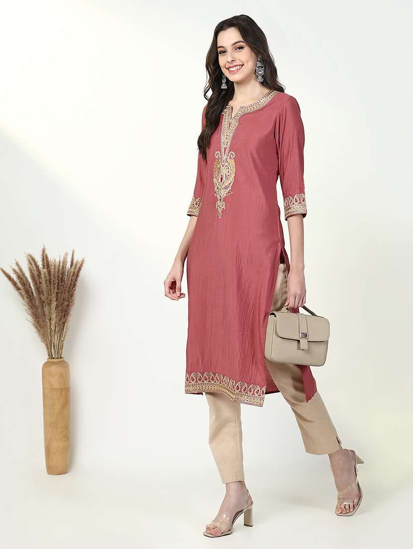 women three quarter sleeve straight kurta - 21632755 -  Standard Image - 1