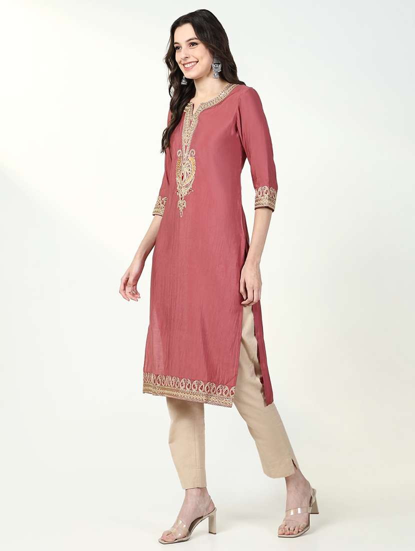 women three quarter sleeve straight kurta - 21632755 - Standard Image - 4