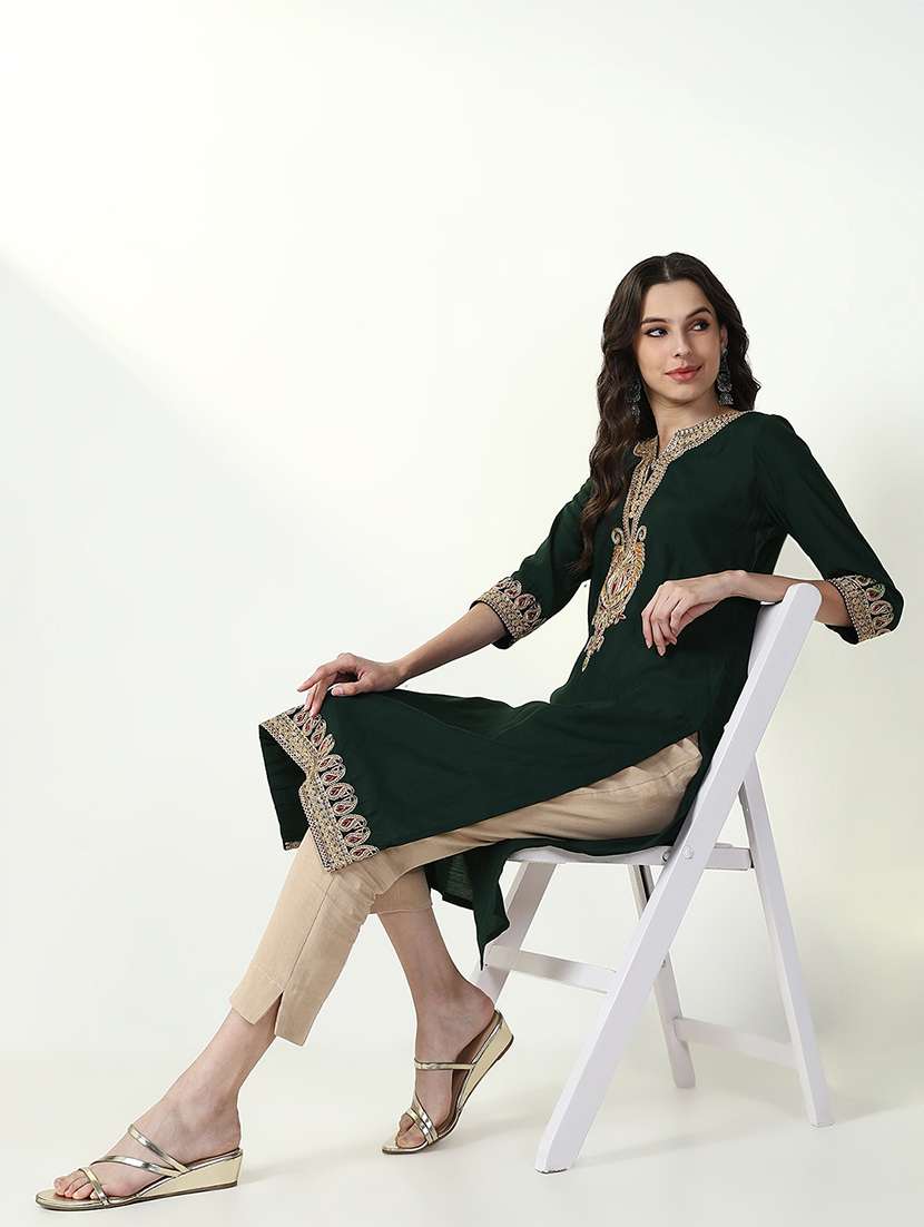 women three quarter sleeve straight kurta - 21632761 -  Standard Image - 1