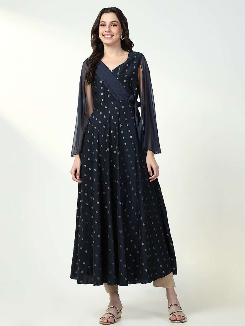 women navy blue printed anarkali ethnic dress