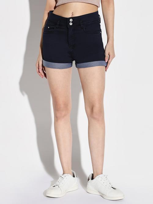 women solid high rise denim shorts - 21632771 - Standard Image - 0
