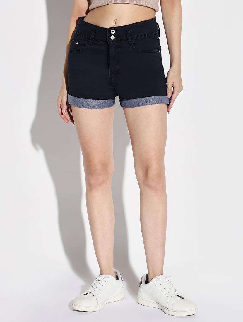 women solid high rise denim shorts - 21632771 - Zoom Image - 0