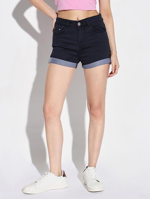 women solid high rise denim shorts - 21632772 - Standard Image - 0