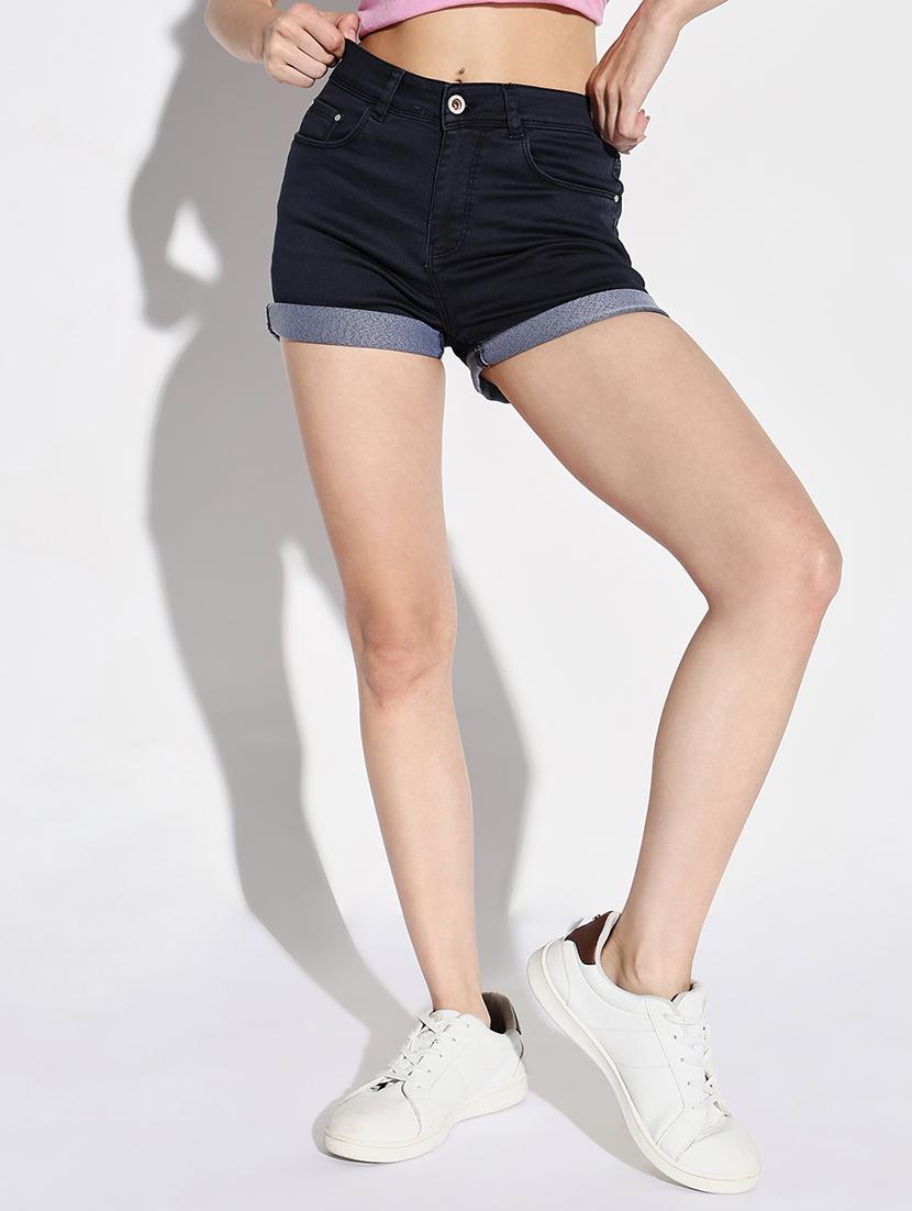 women solid high rise denim shorts - 21632772 - Standard Image - 1