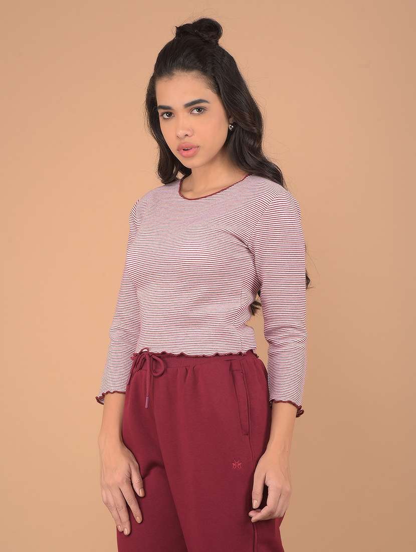 women maroon stripes crop top - 21632785 -  Standard Image - 1