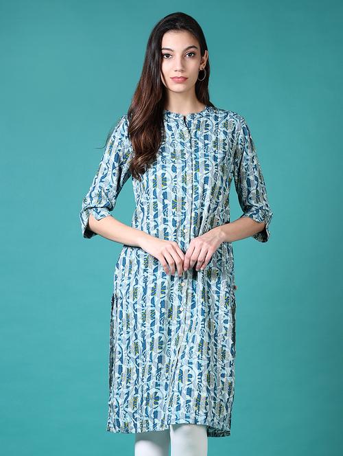 women blue printed mandarin neck straight kurta - 21632849 -  Standard Image - 0