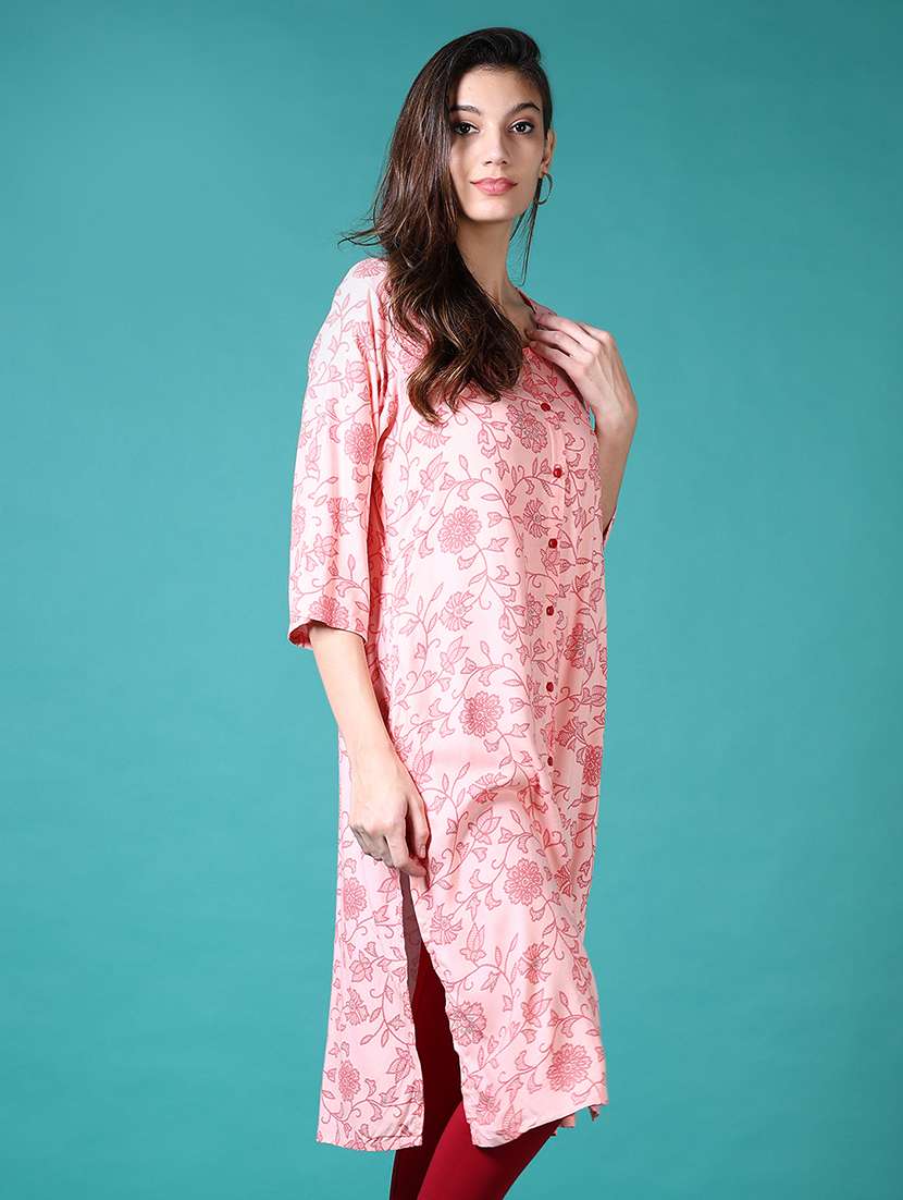 women floral round neck side slit kurta - 21632869 - Standard Image - 1