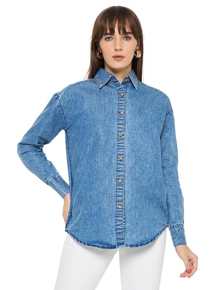 women solid long sleeve denim shirt - 21633527 - Zoom Image - 0