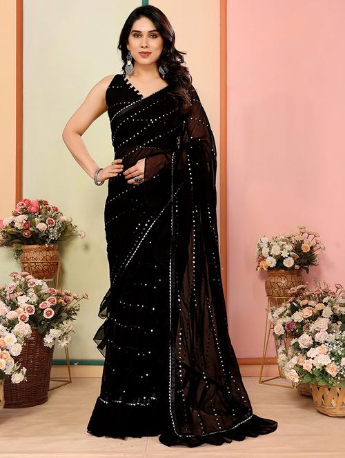 women solid with work ruffle saree with blouse - 21634137 - Standard Image - 0