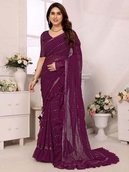 women solid with work ruffle saree with blouse - 21634140 -  Standard Image - 0
