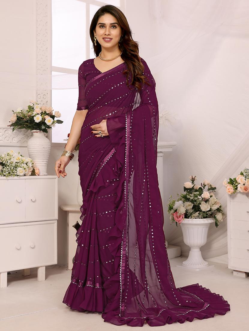 women solid with work ruffle saree with blouse - 21634140 -  Zoom Image - 0