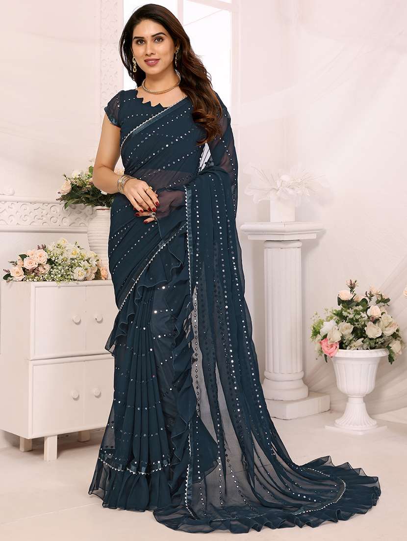 women solid with work ruffle saree with blouse
