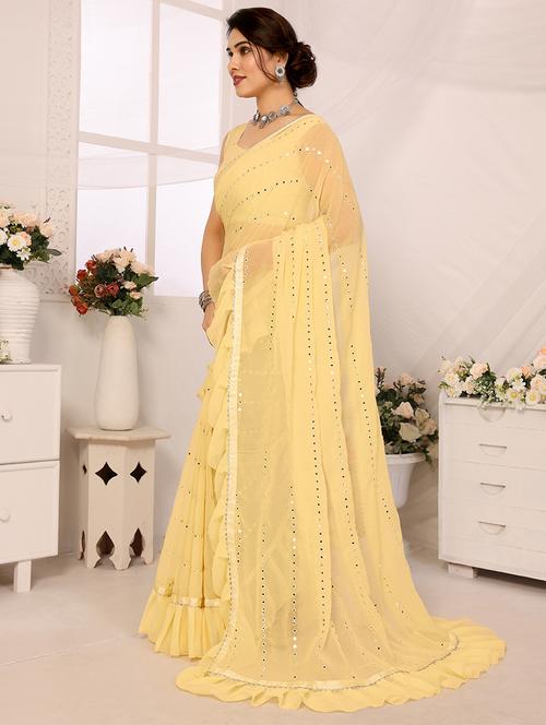 women solid with work ruffle saree with blouse - 21634142 - Standard Image - 0