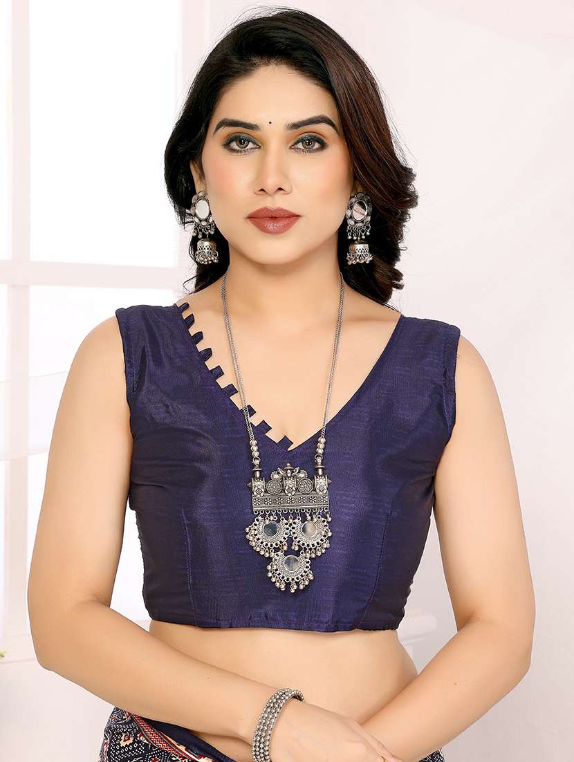 women navy blue printed saree with blouse - 21634146 -  Standard Image - 1