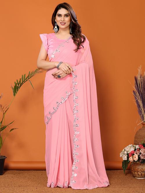 women solid with bordered mirror work saree with blouse - 21634148 - Standard Image - 0