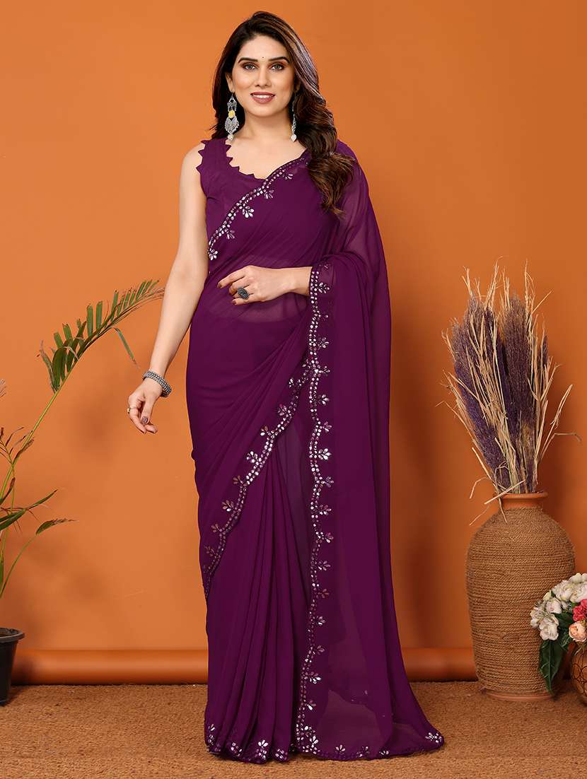 women solid with bordered mirror work saree with blouse