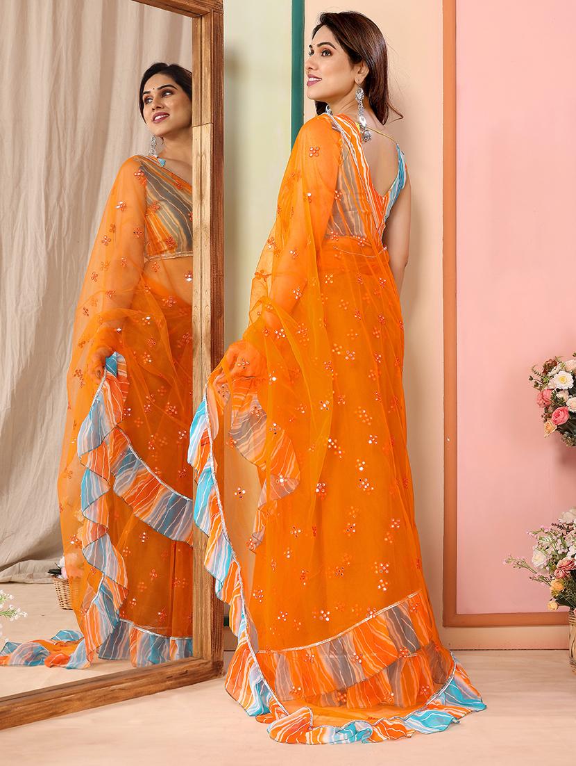 women solid with work ruffle saree with blouse - 21634157 -  Standard Image - 1