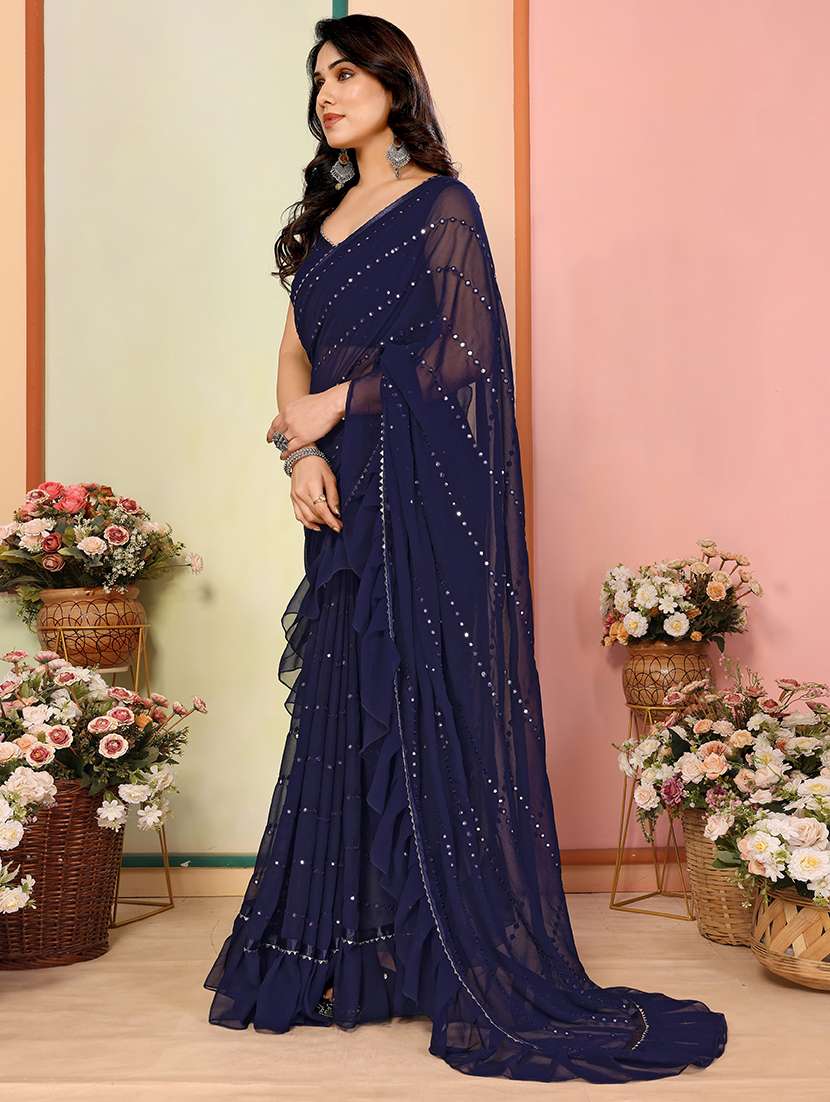 women solid with work ruffle saree with blouse