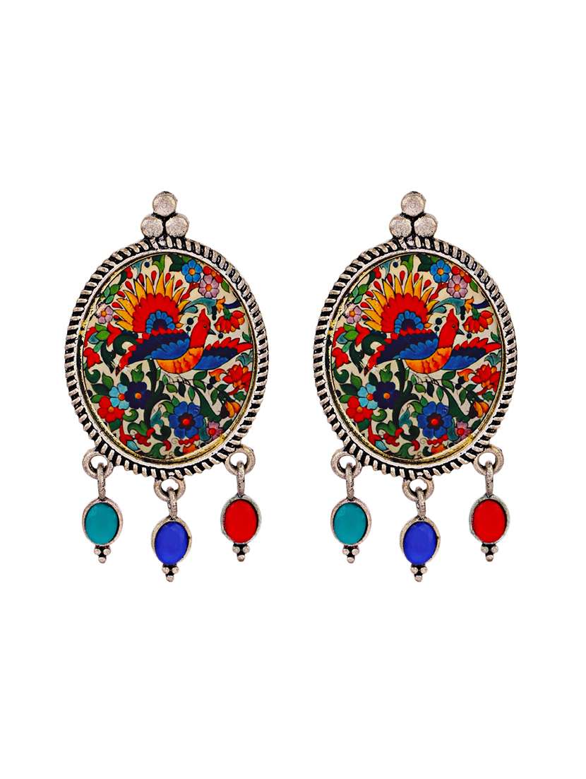 silver oxidised multi color printed drop earrings - 21635021 -  Standard Image - 1