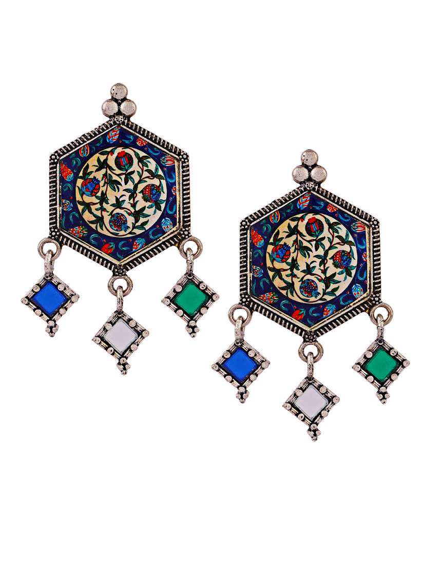 silver oxidised multi color printed drop earrings - 21635022 -  Standard Image - 1