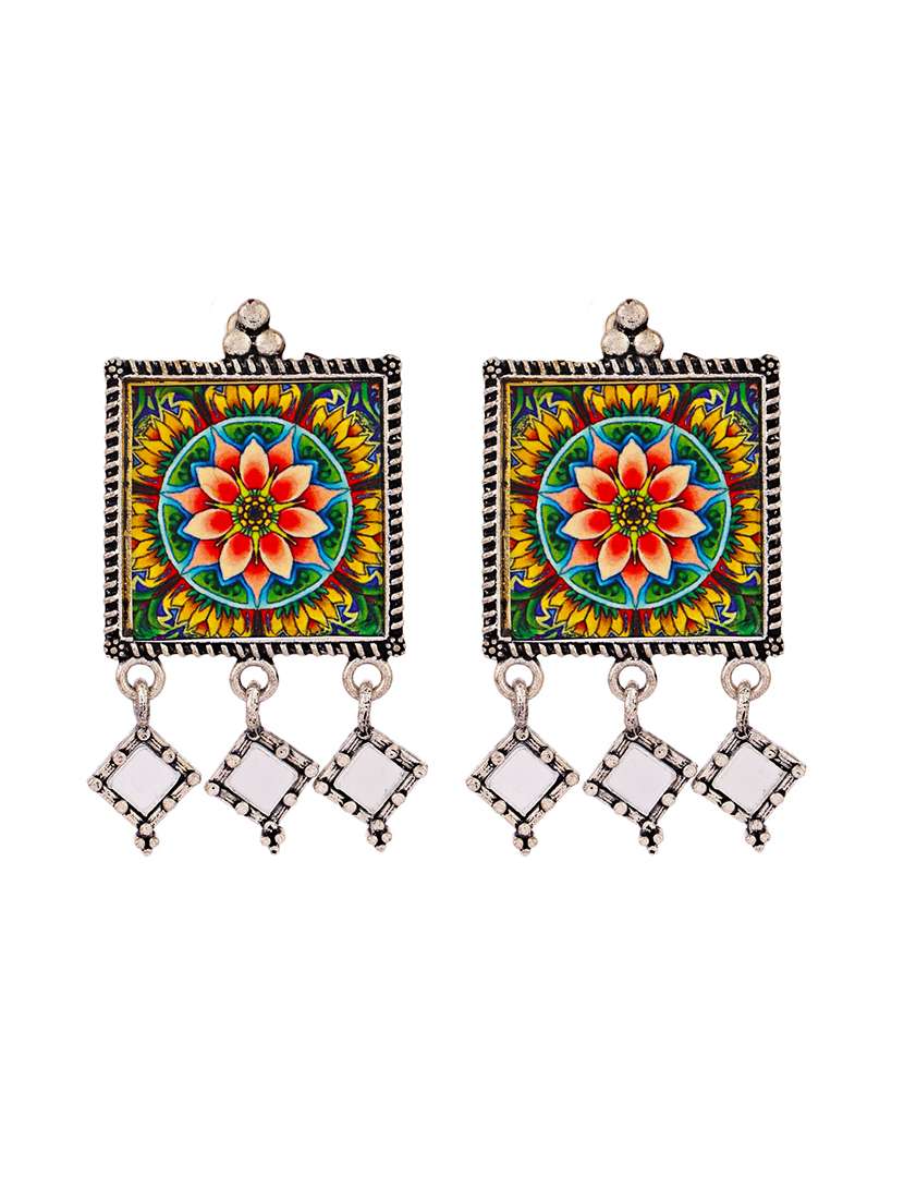 silver oxidised multi color printed drop earrings - 21635023 -  Standard Image - 1