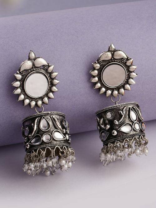 silver oxidise kundan work jhumka earrings - 21635025 -  Standard Image - 0