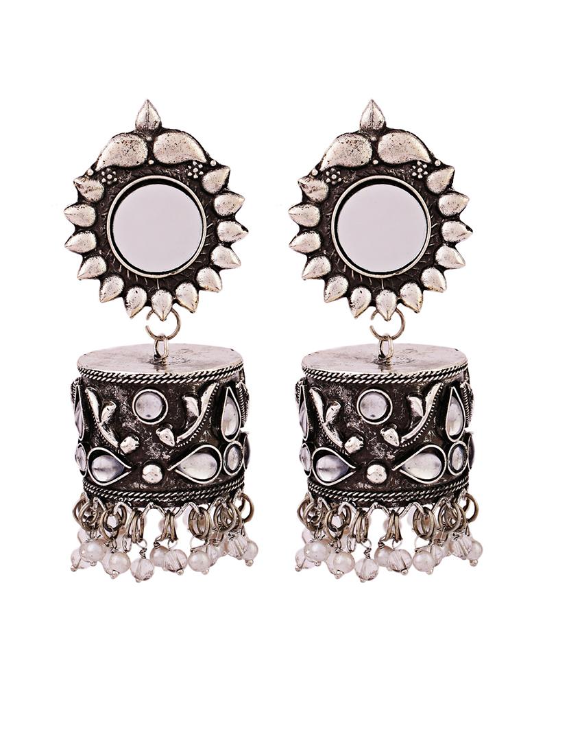 silver oxidise kundan work jhumka earrings - 21635025 -  Standard Image - 1