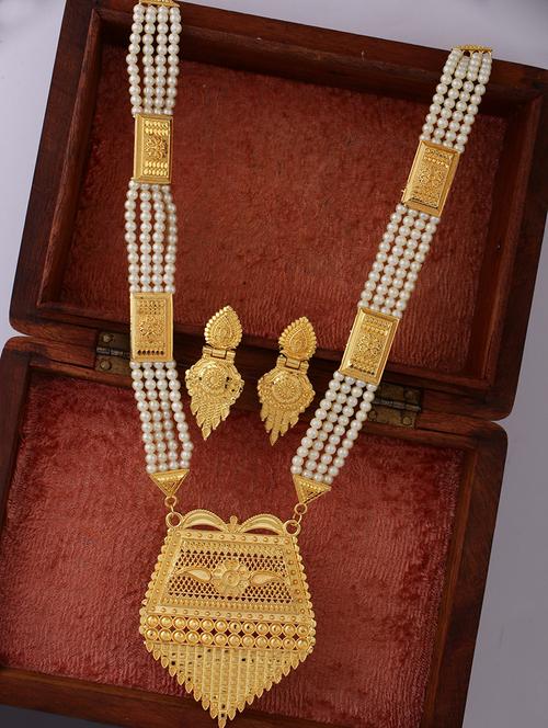 women gold plated pearl work long necklace with earrings - 21635036 - Standard Image - 0