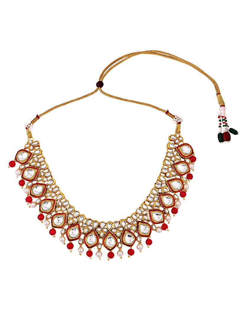 gold plated kundan studded necklace with earrings & mangtika - set of 3 - 21635041 - Standard Image - 1