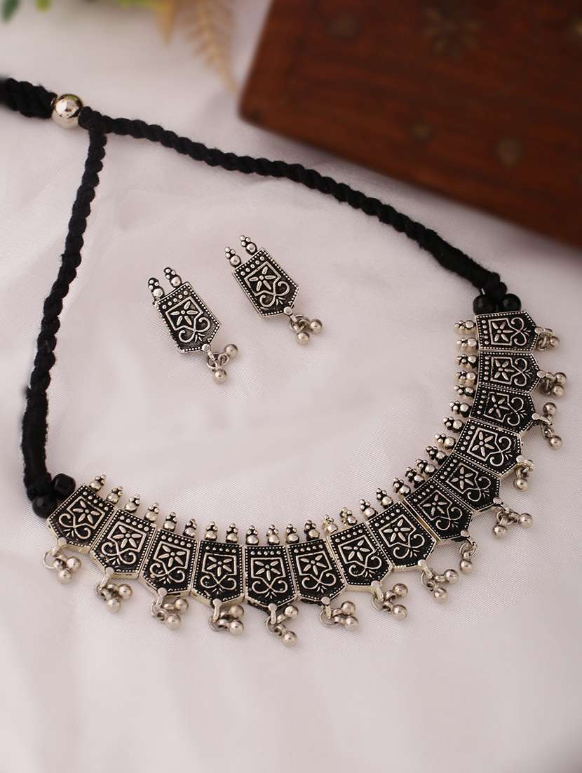 women oxidised elegant silver collar necklace with earrings