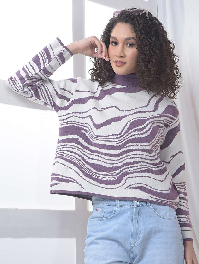 women abstract print high neck crop pullover