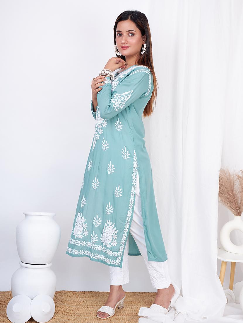 women three quarter sleeve straight chikankari kurta - 21635766 - Standard Image - 1