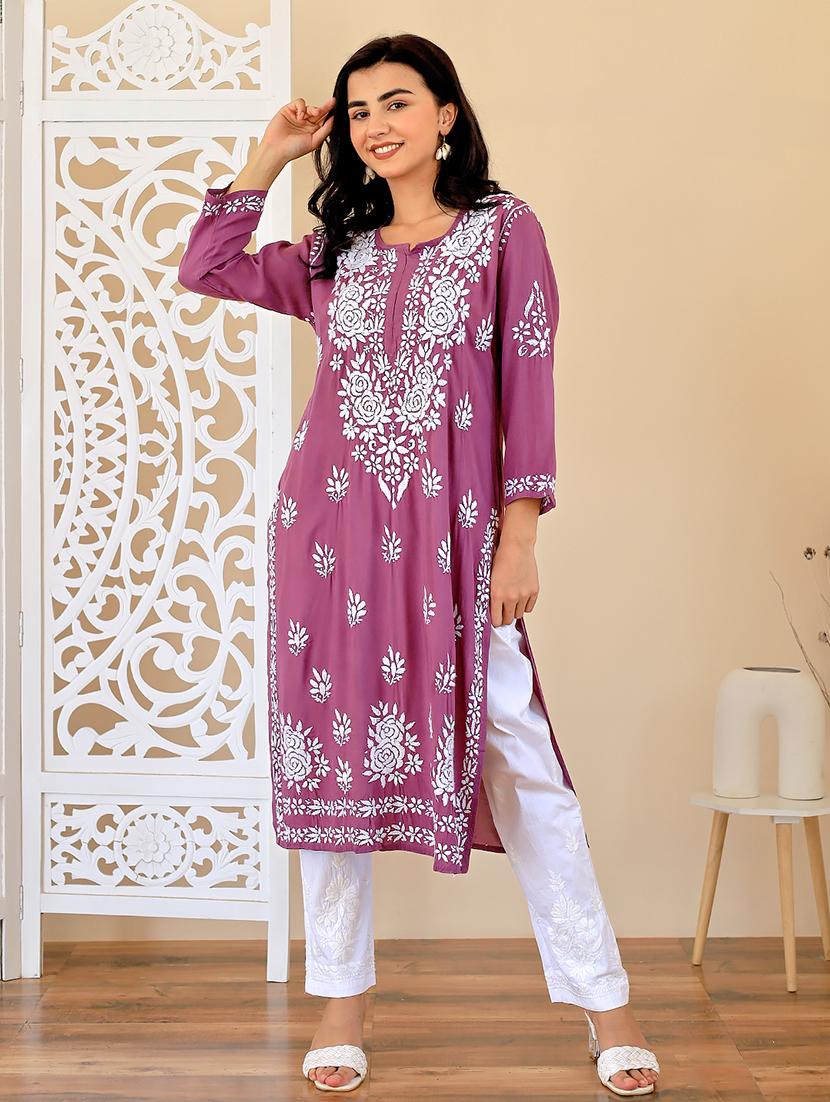 women three quarter sleeve straight chikankari kurta - 21635767 - Standard Image - 1