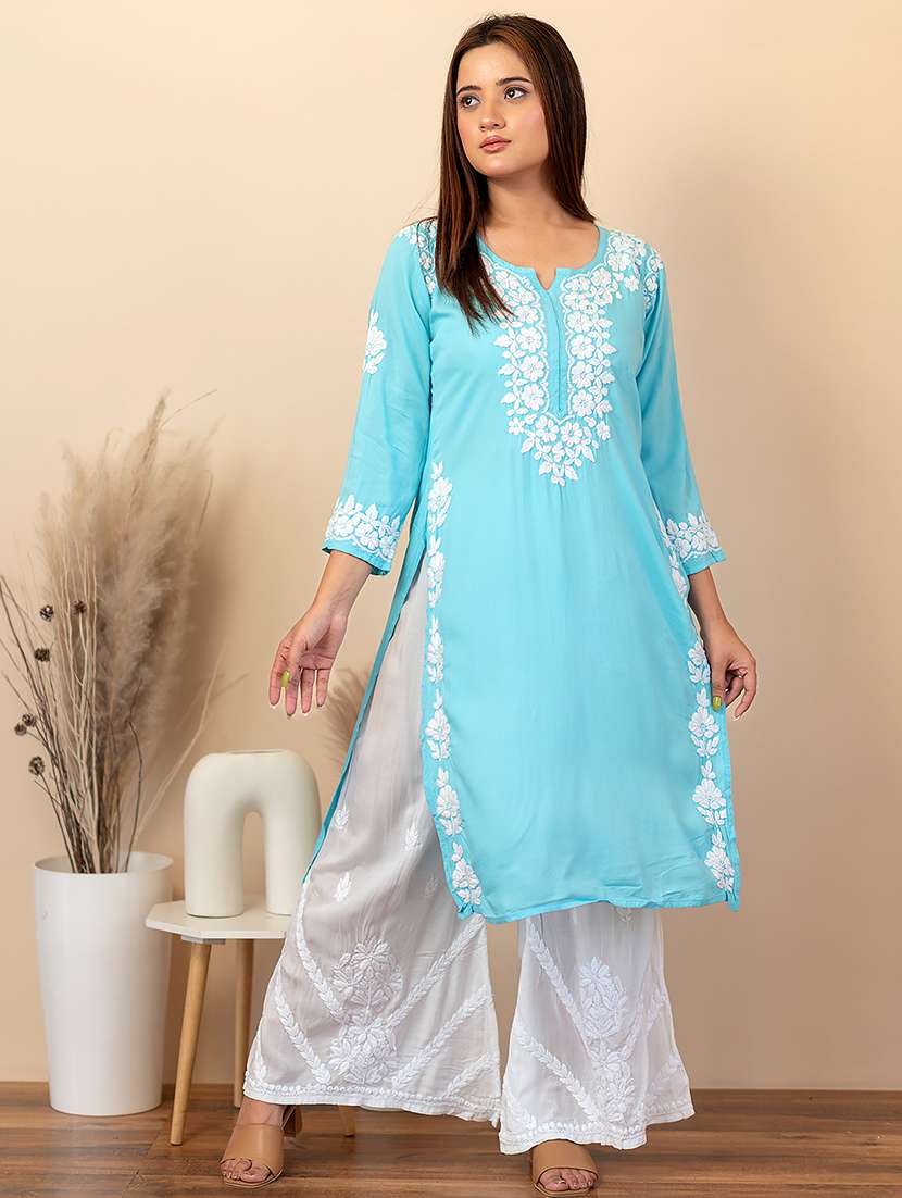 women solid with work straight chikankari kurta