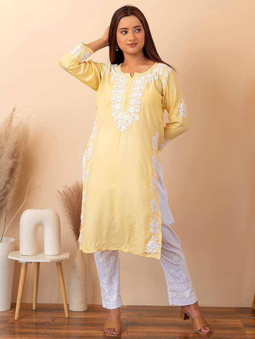 women solid with work straight chikankari kurta