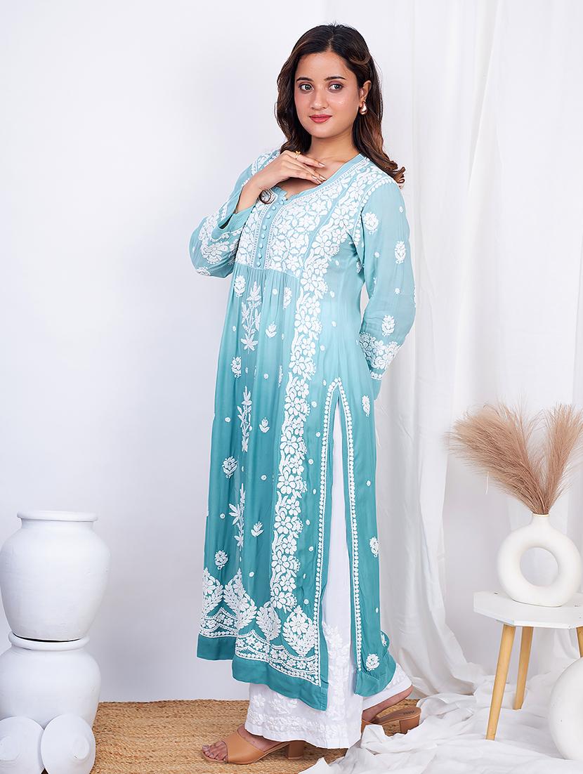 women solid with work a-line chikankari kurta - 21635775 -  Standard Image - 1
