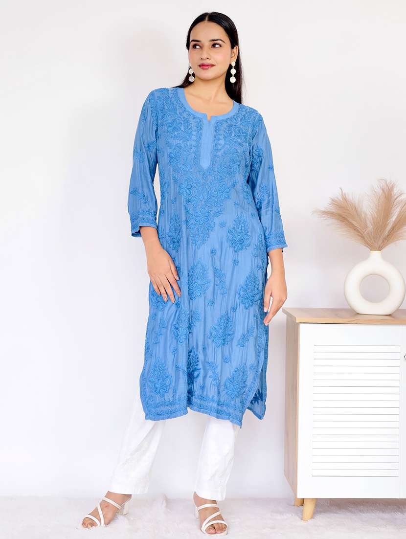 women solid with work straight chikankari kurta