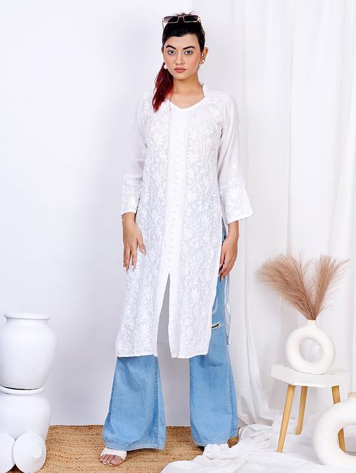 women solid with work front & side slit chikankari kurta - 21635780 - Standard Image - 0