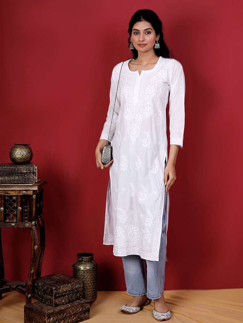 women solid with work straight chikankari kurta