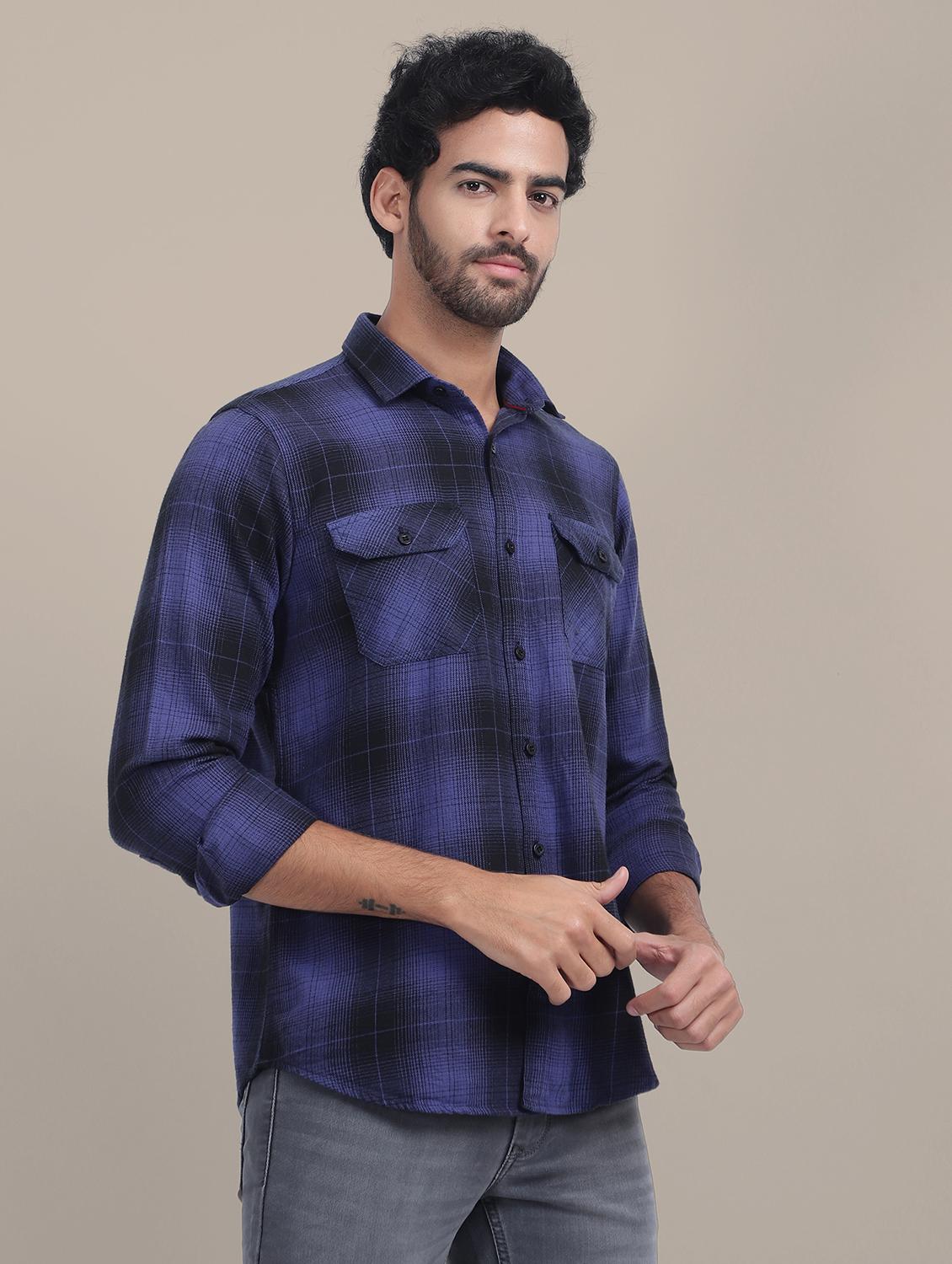 men regular fit checkered double pocket casual shirt