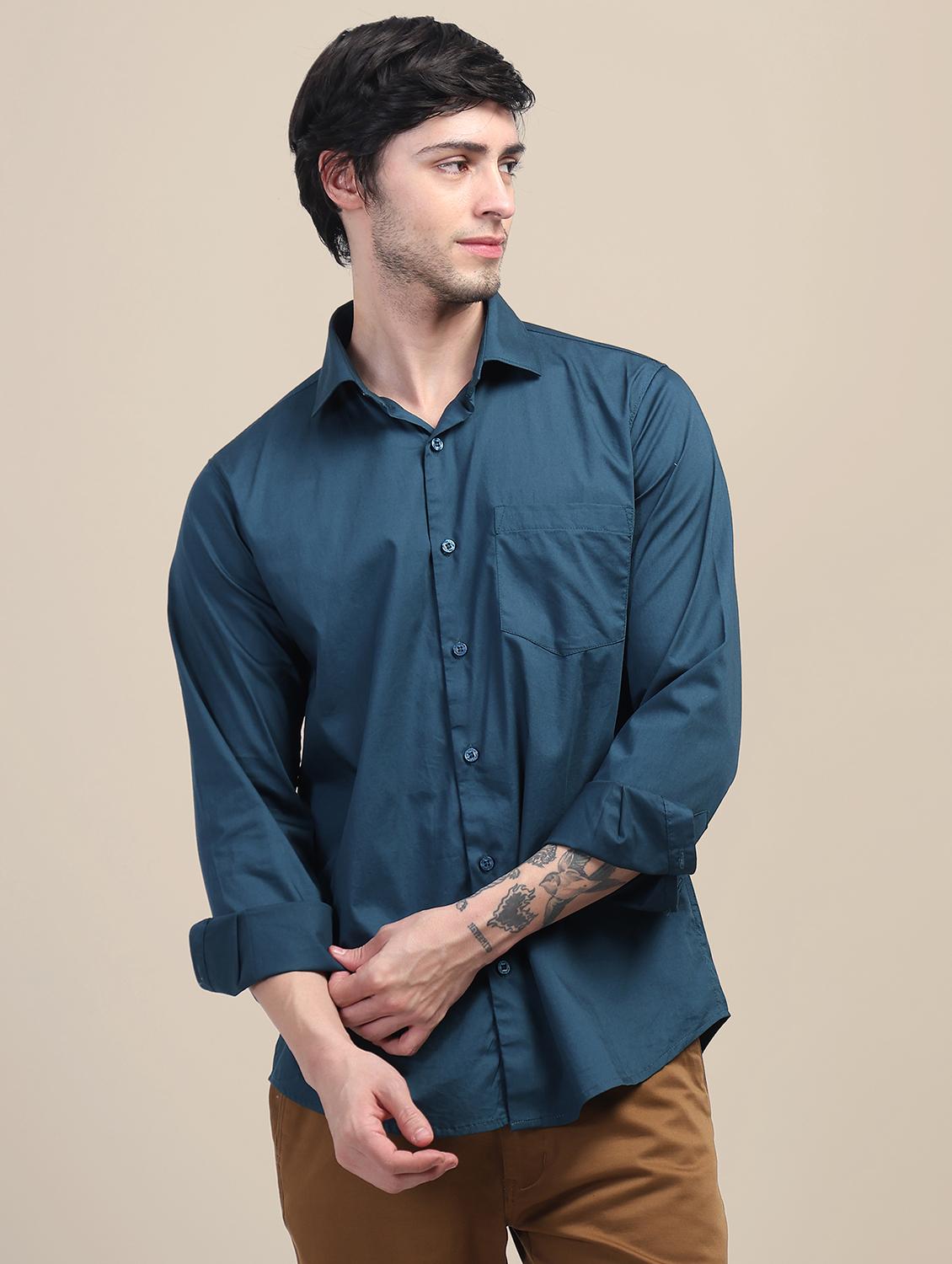 men regular fit plain single pocket casual shirt