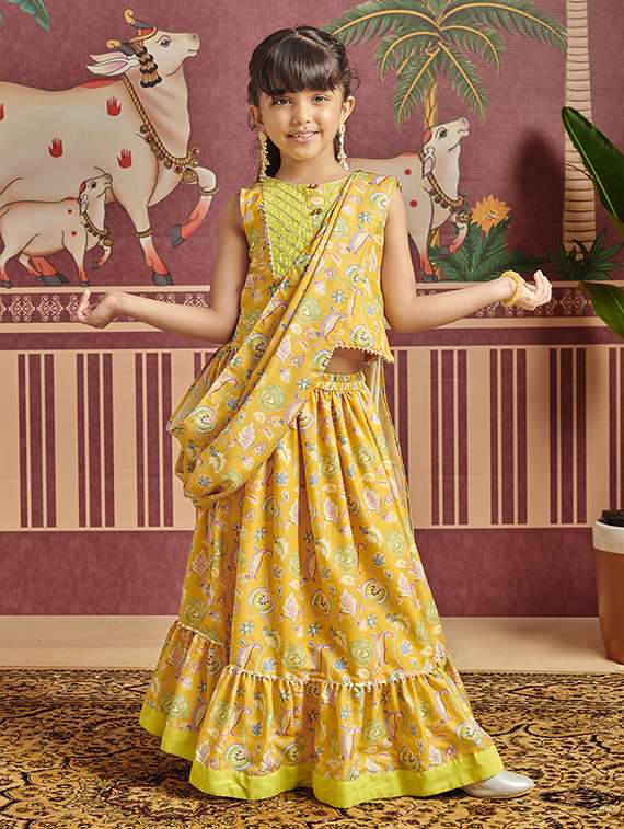 girls mustard floral printed ready to wear saree