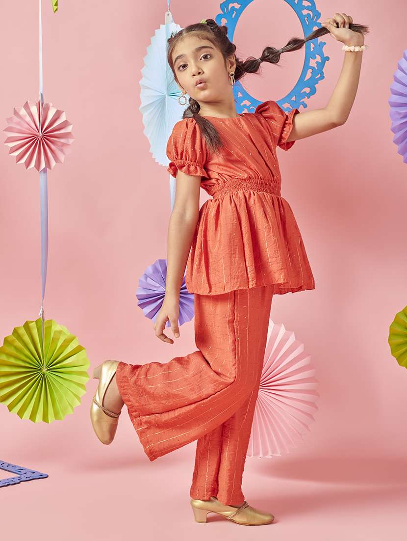 girls orange round neck full length sets - 21636521 -  Standard Image - 1