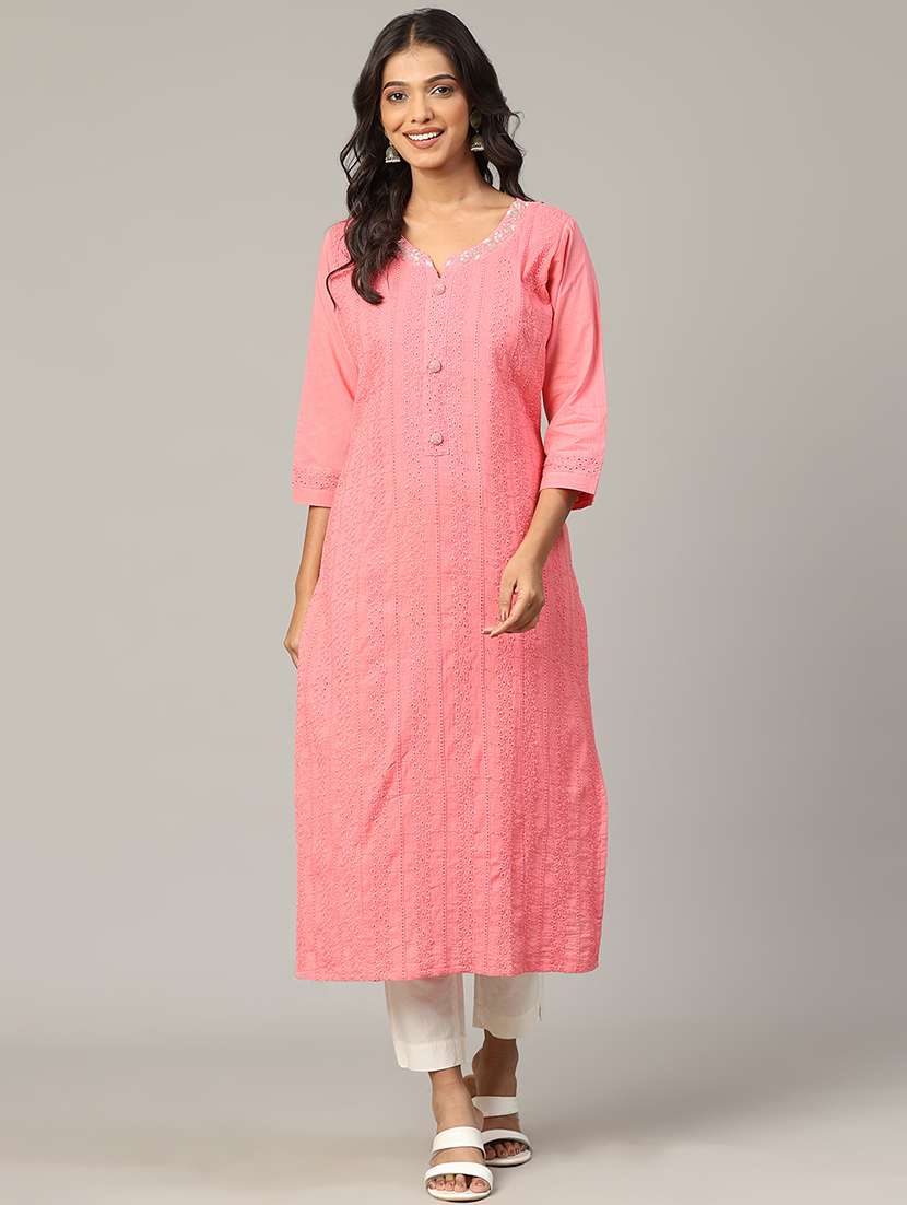 women embroidered three quarter sleeve straight kurta