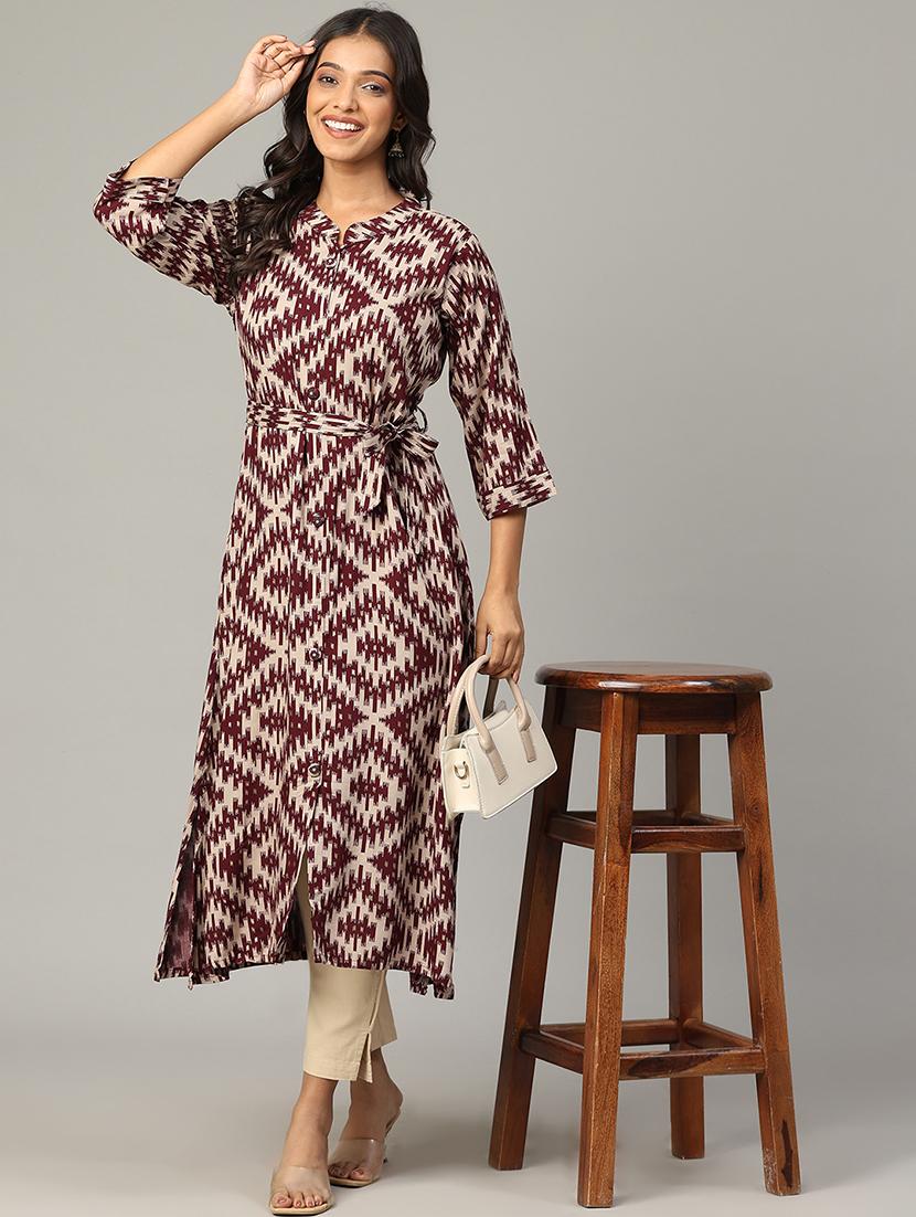 women geometric printed three quarter sleeve a-line kurta - 21636593 -  Zoom Image - 0