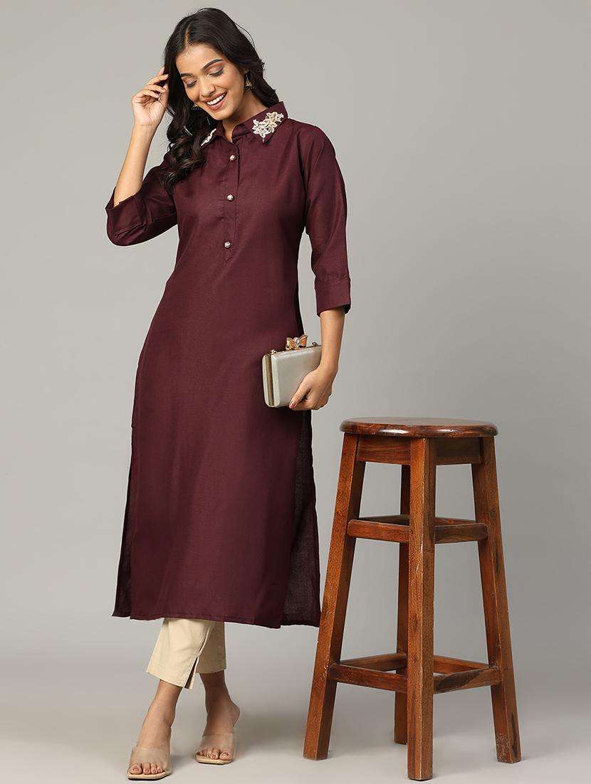 women embroidered three quarter sleeve straight kurta