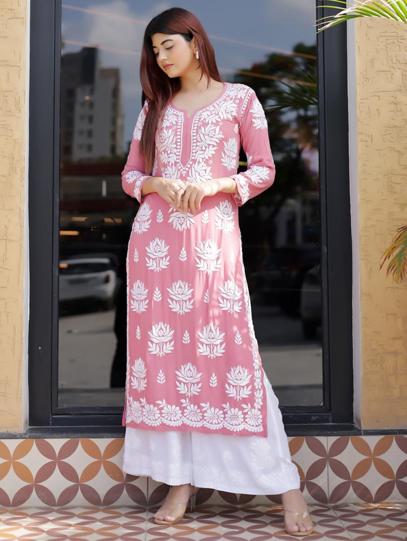 women three quarter sleeve straight chikankari kurta - 21636946 -  Standard Image - 1