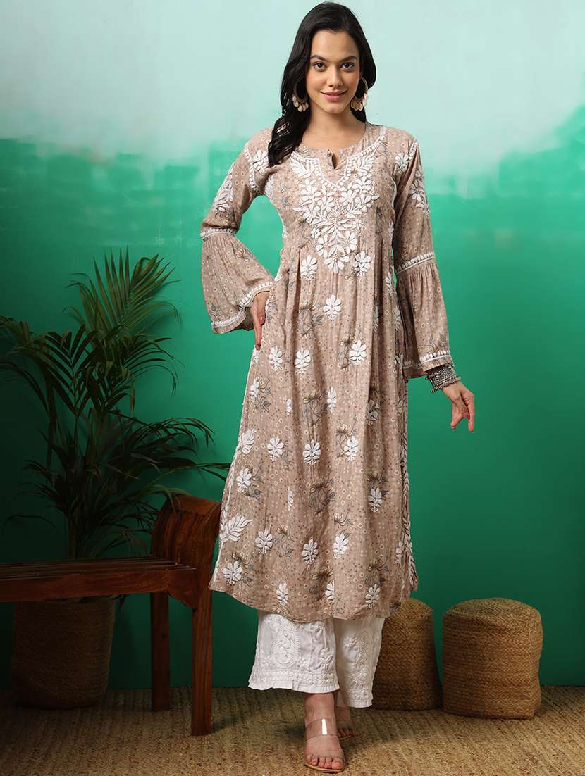 women printed bell sleeve a-line chikankari kurta